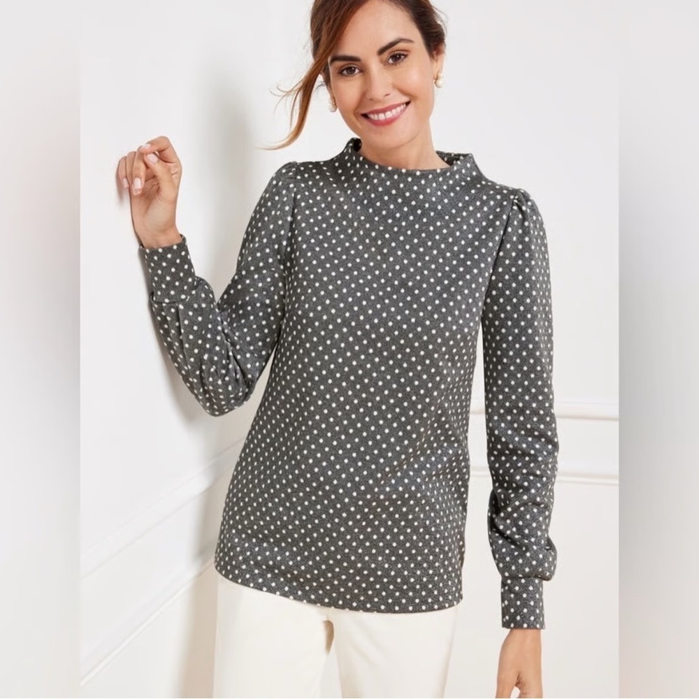 Talbots NWT Metallic Silver Polka Dot Funnel Neck Pullover Top Size Medium